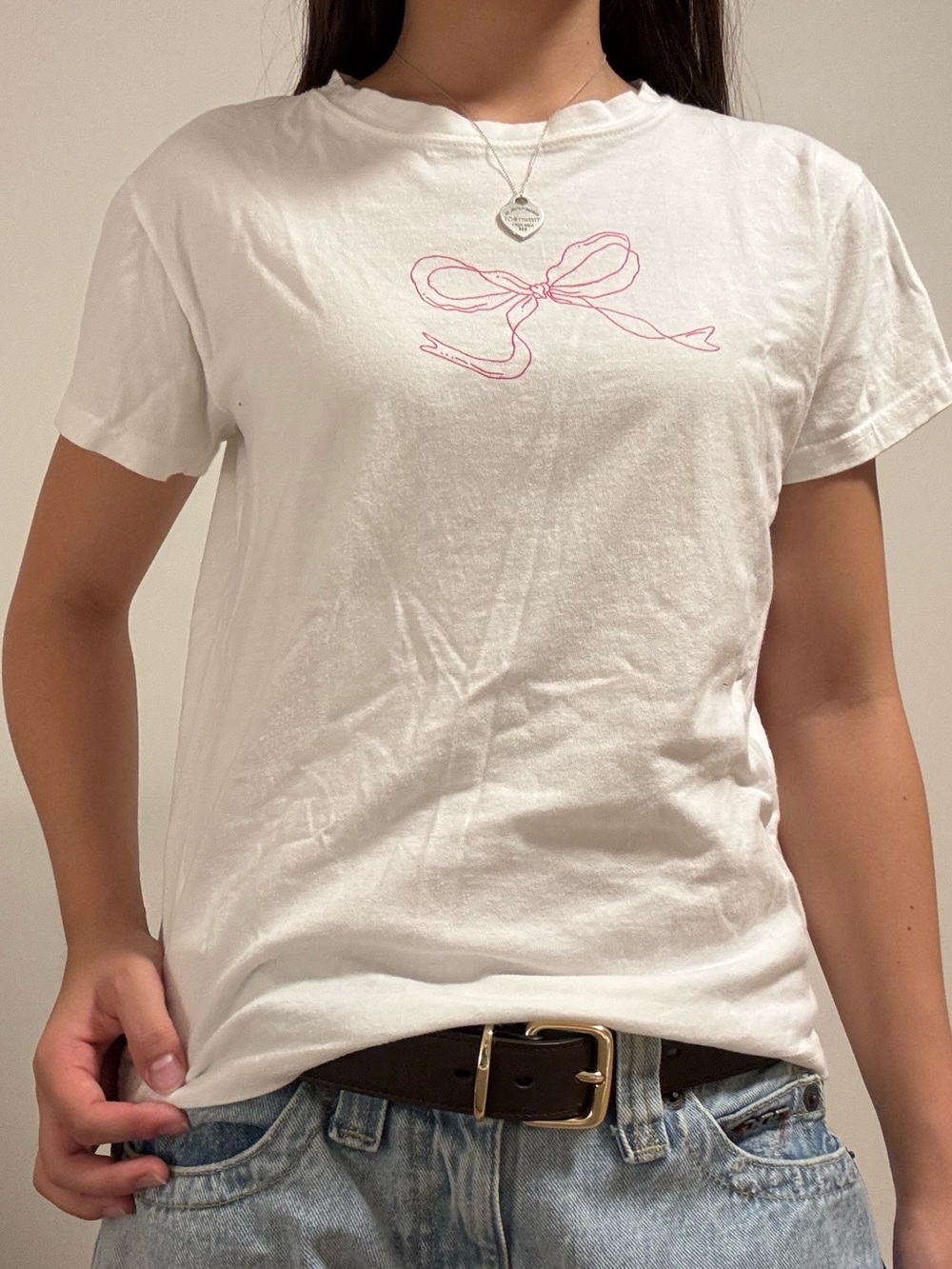 OAK + FORT White Short Sleeve Tee with Pink Bow Detail